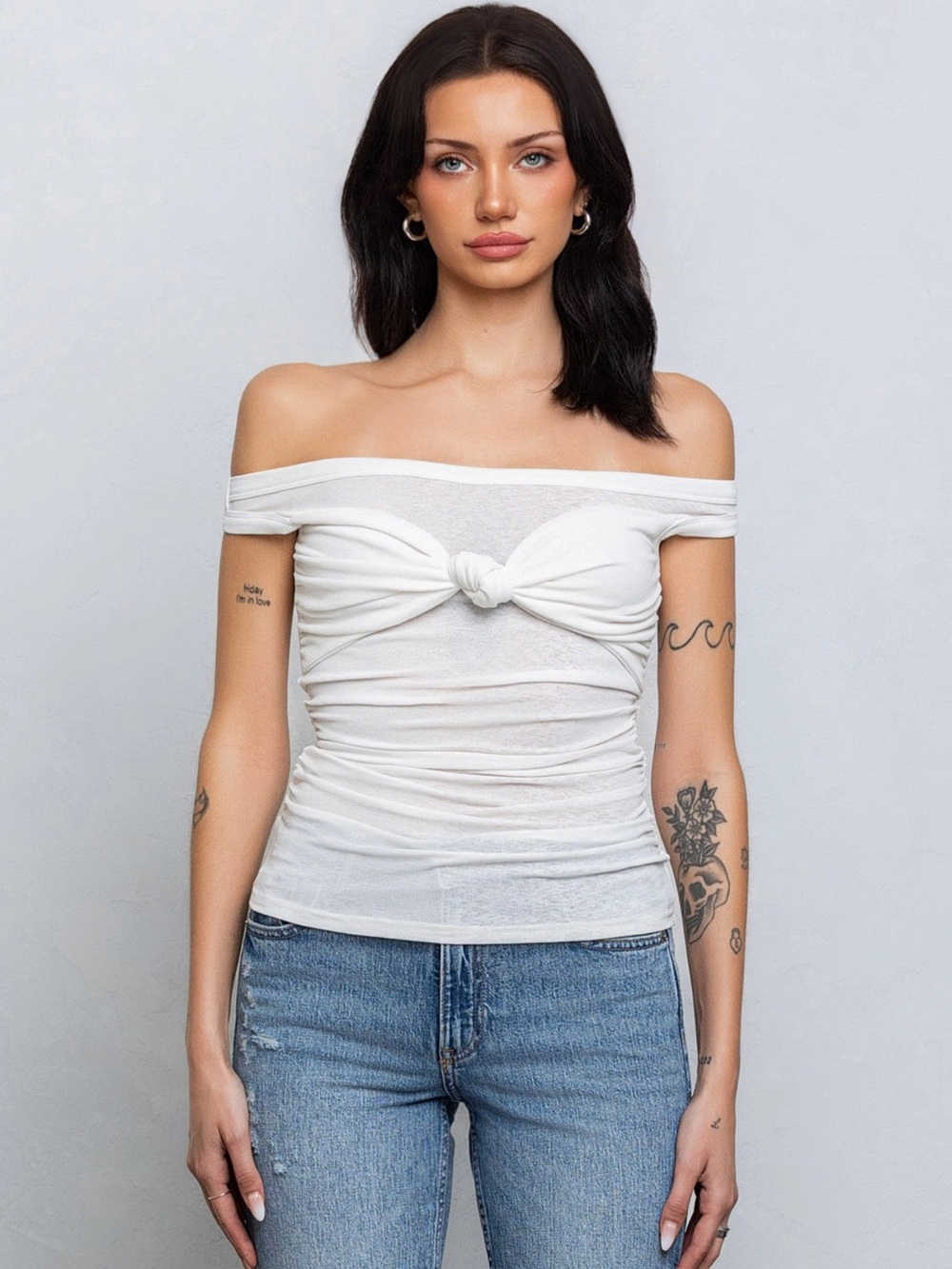 Off-Shoulder White Knot Front Women’s Top